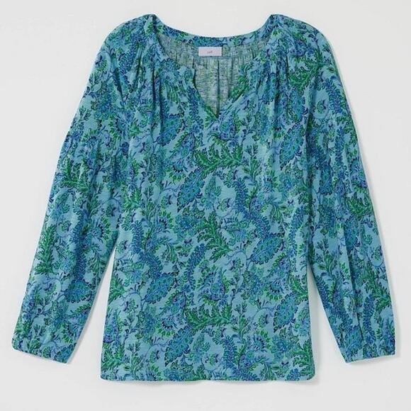 J.Jill $69 XL Blue Lagoon Teal Floral Printed Smocked Cotton Tencel Modal Top - Picture 2 of 11